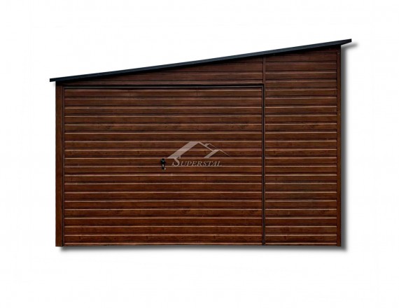 Garaż typu ALFA 4x6 - spad dachu na lewy bok, brama uchylna, filc antykondensacyjny, drzwi, okno