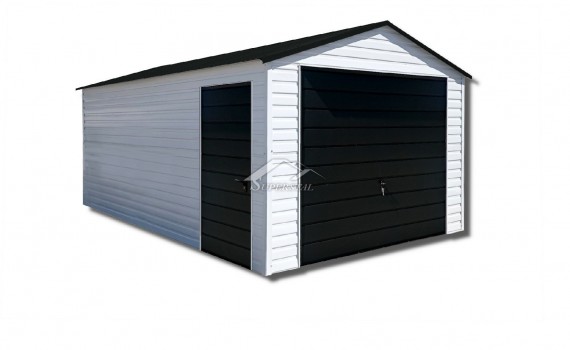 Garaż typu ALFA 4x5 - Dwuspadowy dach, brama uchylna i drzwi w panelu poziomym szerokim