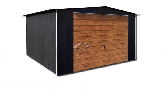 Garaż blaszany LUX 4x6 - dwuspadowy dach, brama uchylna w kolorze drewnopodobnym
