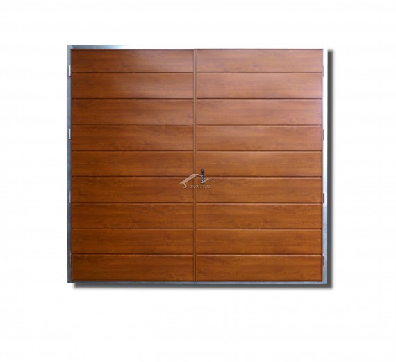 Dwuskrzydłowa brama do muru 2,5x2,5m - panel poziomy szeroki, kolor drewnopodobny złoty dąb