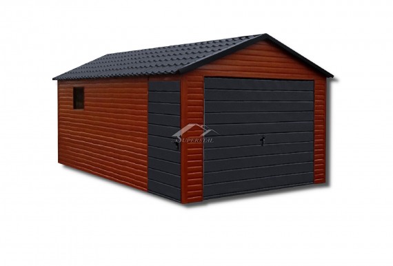 Garaż typu ALFA 4x4 - dwuspadowy dach pokryty blachodachówką, brama uchylna, drzwi, okno