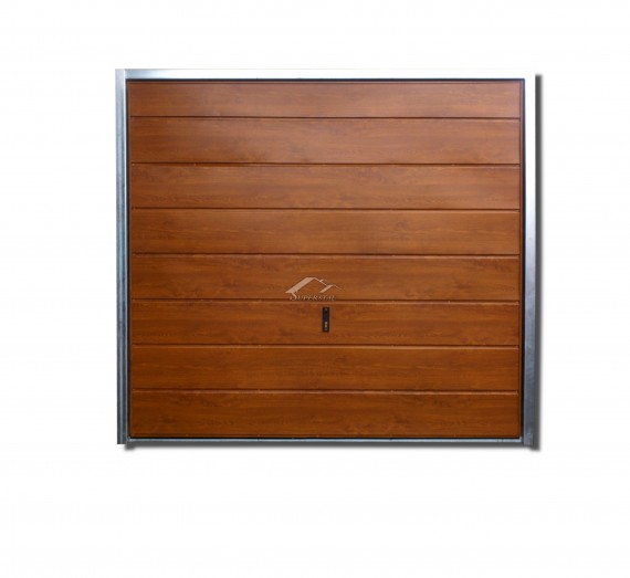 Uchylna brama do muru 2,2x2,5m - panel poziomy szeroki, ocieplenie, kolor drewnopodobny złoty dąb