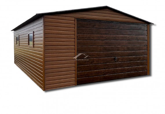 Garaż typu ALFA 4x5 - Dwuspadowy dach, brama uchylna w panelu poziomym szerokim, dwa okna