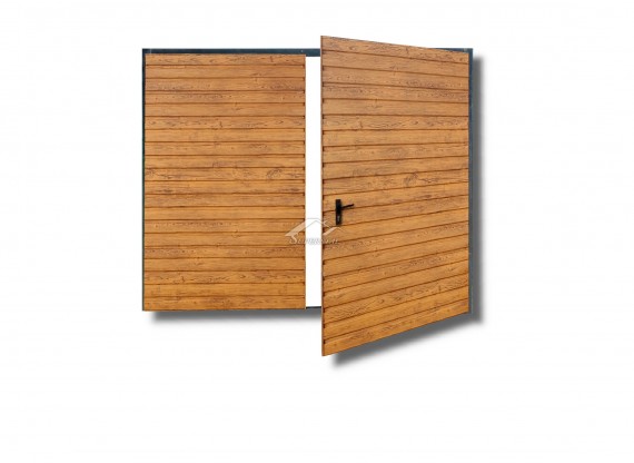 Dwuskrzydłowa brama do muru 3x2m - panel poziomy wąski, kolor drewnopodobny sosna