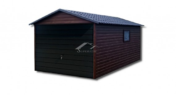 Garaż typu ALFA 3x4 - dwuspadowy dach pokryty blachodachówką, brama uchylna, okno