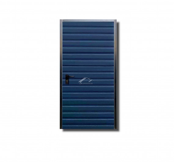 Prawe drzwi do muru 0,9x2m - ocieplenie, panel poziomy wąski, kolor niebieski RAL 5010