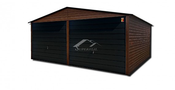 Garaż typu ALFA 6x4 - dwuspadowy dach, dwie bramy uchylne w panelu poziomym szerokim