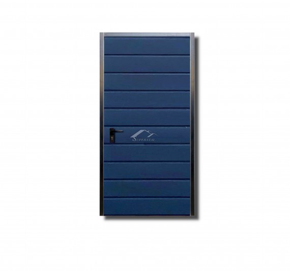 Prawe drzwi do muru 0,9x2m - ocieplenie, panel poziomy szeroki, kolor niebieski RAL 5010