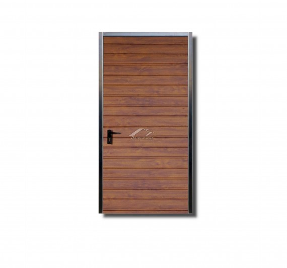Prawe drzwi do muru 0,9x2m - ocieplenie, panel poziomy wąski, kolor drewnopodobny złoty dąb
