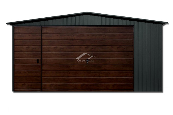 Garaż blaszany LUX 5x6 - dwuspadowy dach, brama uchylna, drzwi