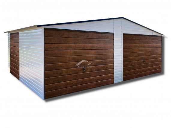 Garaż typu ALFA 7x5 - dwuspadowa konstrukcja, dwie bramy uchylne, drzwiczki, dwa okna