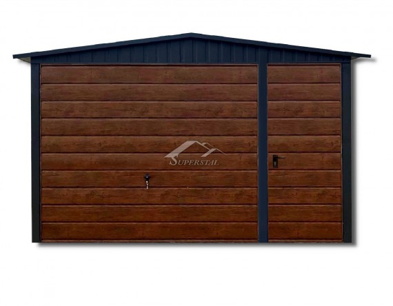 Garaż LUX 4x6 - dwuspadowy dach, brama uchylna, drzwi, filc