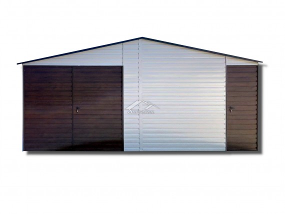 Garaż typu ALFA 7x7 - dwuspadowy dach, filc antykondensacyjny, brama dwuskrzydłowa, drzwi, dwa okna