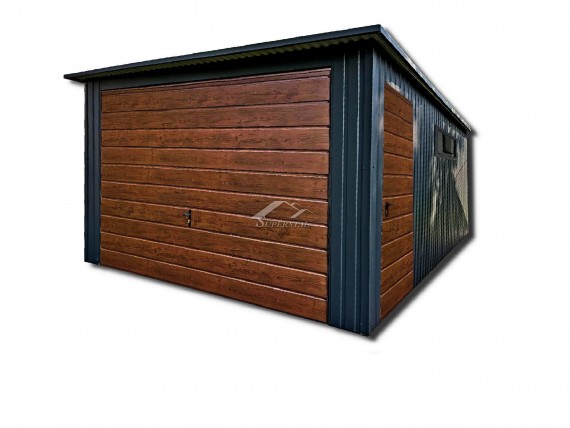 Garaż LUX 4x5 - Spad dachu do tyłu, filc, brama uchylna i drzwi w panelu poziomym szerokim, okno