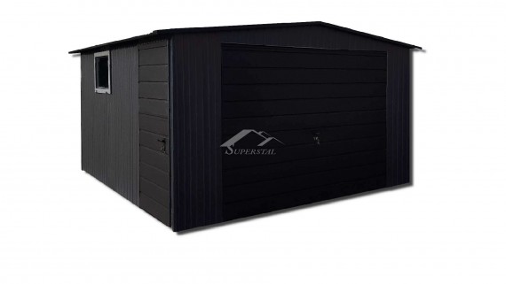 Garaż blaszany LUX 5x5 - dwuspadowy dach, brama uchylna i drzwi w panelu poziomym szerokim, okno PCV