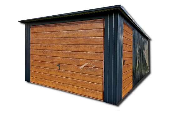 Garaż LUX 4x6 - spad dachu do tyłu, brama uchylna i drzwi w panelu poziomym szerokim