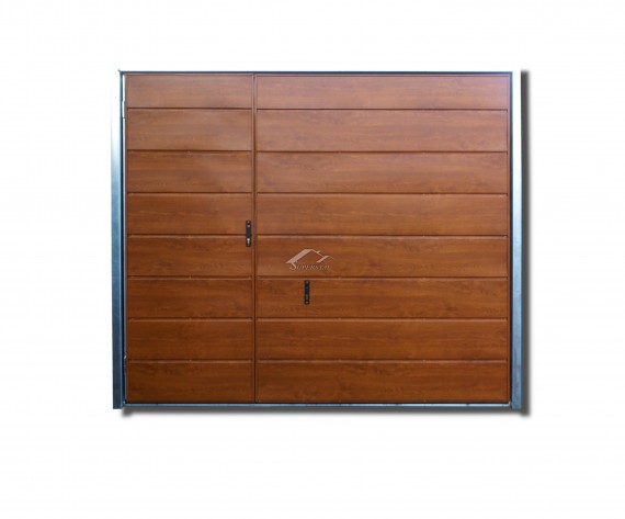 Uchylna brama do muru 2,2x2,5m - panel poziomy szeroki, furtka, kolor drewnopodobny złoty dąb